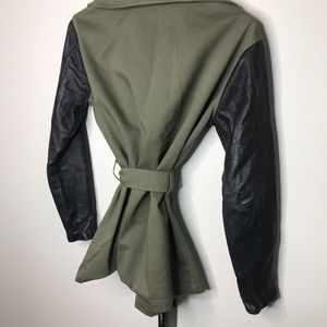 Green short trench coat w/ black leather sleeves